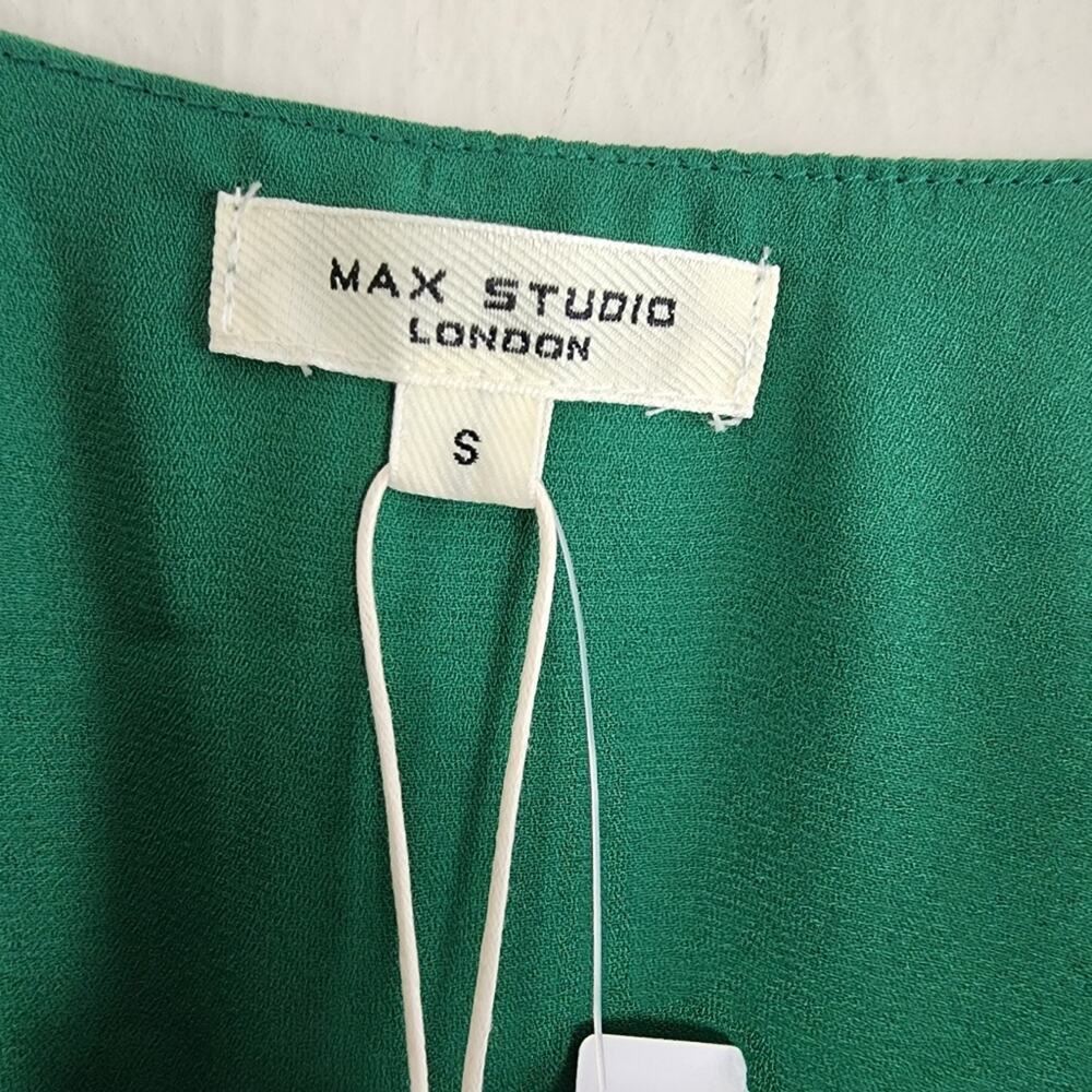 Max Studio Jade Green Pleated Satin Polka Dot Midi Dress NWT Flutter Sleeve Sm - Picture 7 of 12